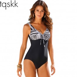 TQSKK 2017 New Arrival One Piece Swimsuit Women Vintage Bathing Suits Plus Size Swimwear Beach Padded Print Polka Black Suit 4XL