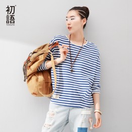 Toyouth 2017 New Arrival Fashion Women T-Shirts Long Batwing Sleeve Striped Base Casual Tees Cotton Woven O-Neck Tops