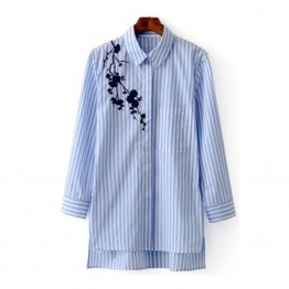 Women Embroidered Blouses Cotton Blue Striped Long Sleeve Shirt Turn-down Collar Top Camisas Femininas Blusa Bordada Autumn 2016