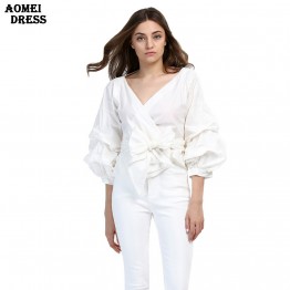 Women Fashion White Ruffles Blouse V Neck Ladies Elegant Tops Clothing Shirts Tops Female Clothes Blouses Shirt with Bow Tie