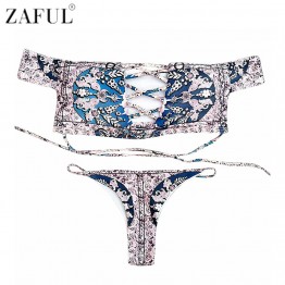 ZAFUL 2017 Women Off The Shoulder Swimwear Rose Print Lace-up Bikini Set Summer Sexy Swimsuit Bathing Suits Maillot De Bain