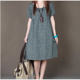 spring summer new ladies fashion loose big size small floral print short-sleeve dress women clothing  casual cotton  linen dress