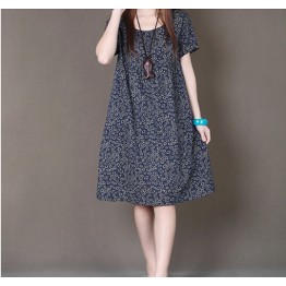 spring summer new ladies fashion loose big size small floral print short-sleeve dress women clothing  casual cotton  linen dress